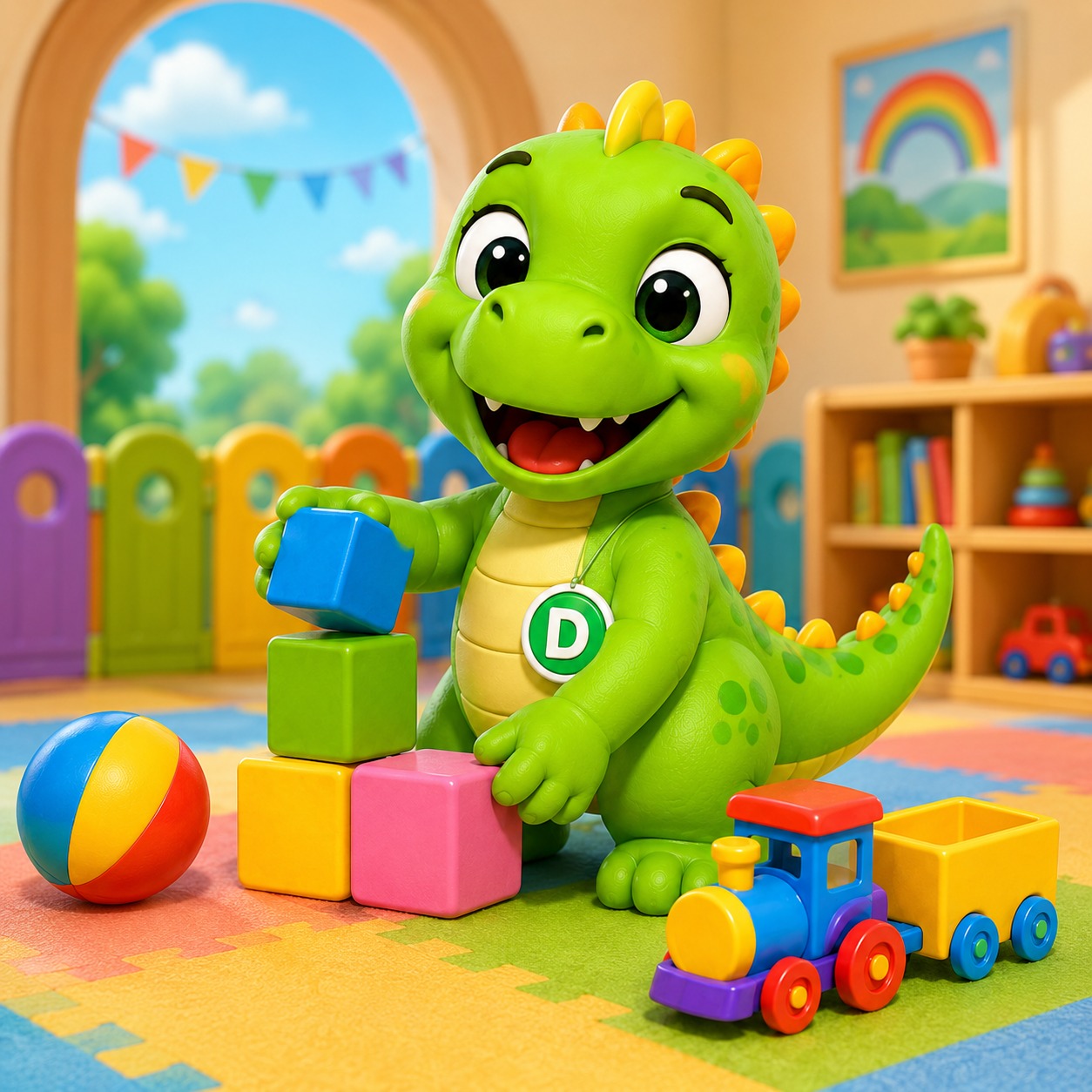 Dahdah, a friendly green dinosaur with a pale yellow belly, yellow and orange back plates and a round green badge showing a white letter D