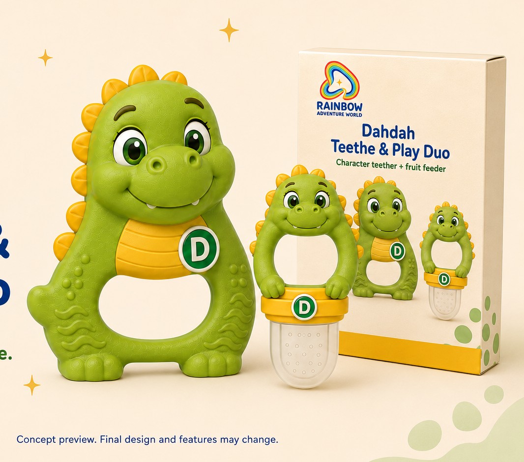 Concept preview of the Dahdah Teethe & Play Duo: a green dinosaur character teether with a yellow tummy and green D badge, a matching fruit feeder and a paper carton.