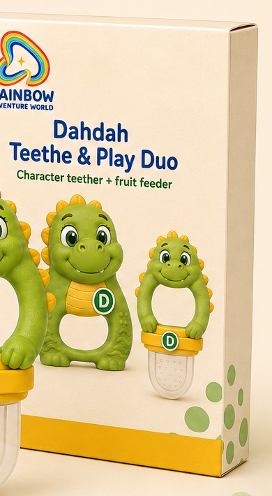 Proposed paper carton design for the Dahdah Teethe & Play Duo, showing the Rainbow Adventure World logo and both concept pieces.