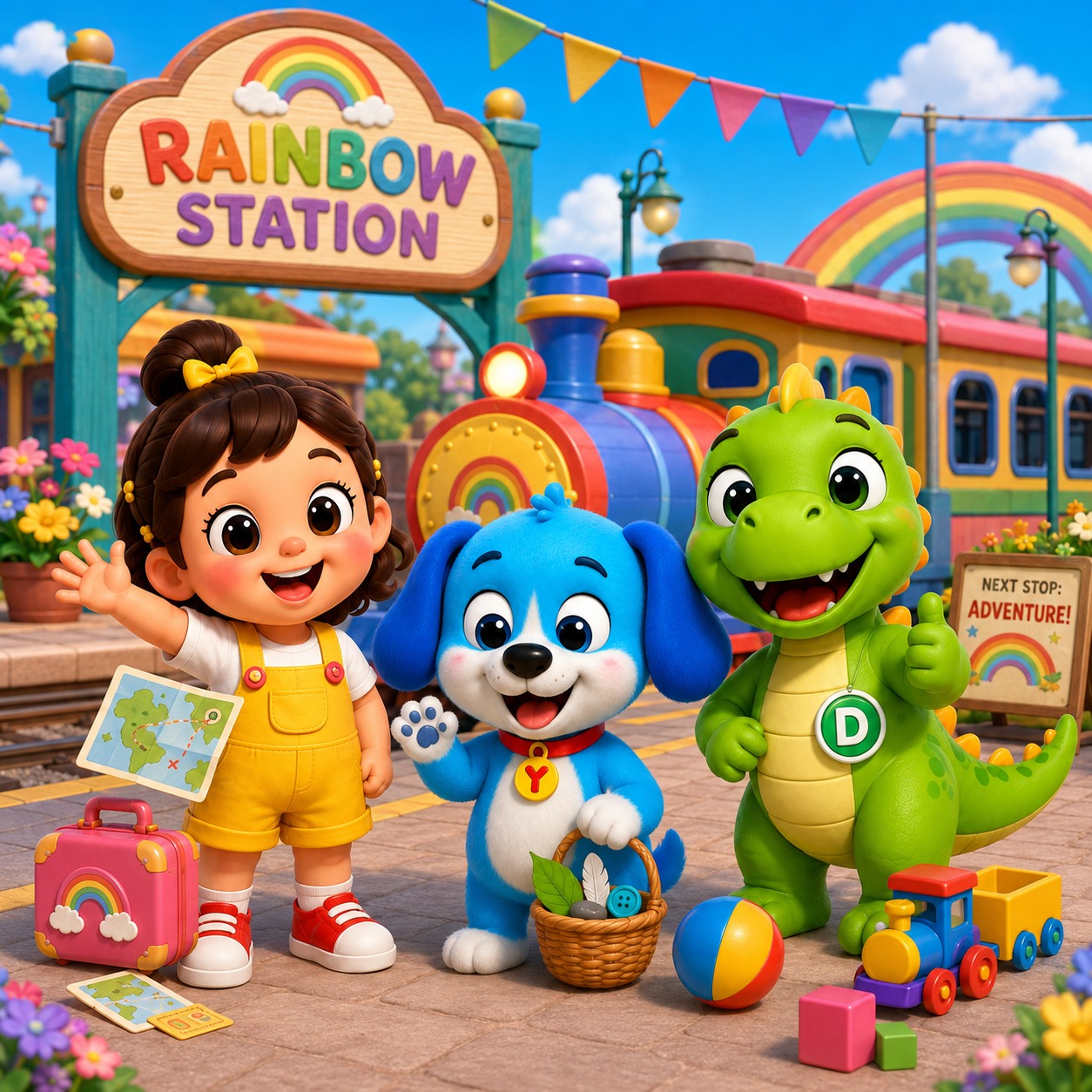Susu, Yuyu and Dahdah waving together at the colourful Rainbow Station