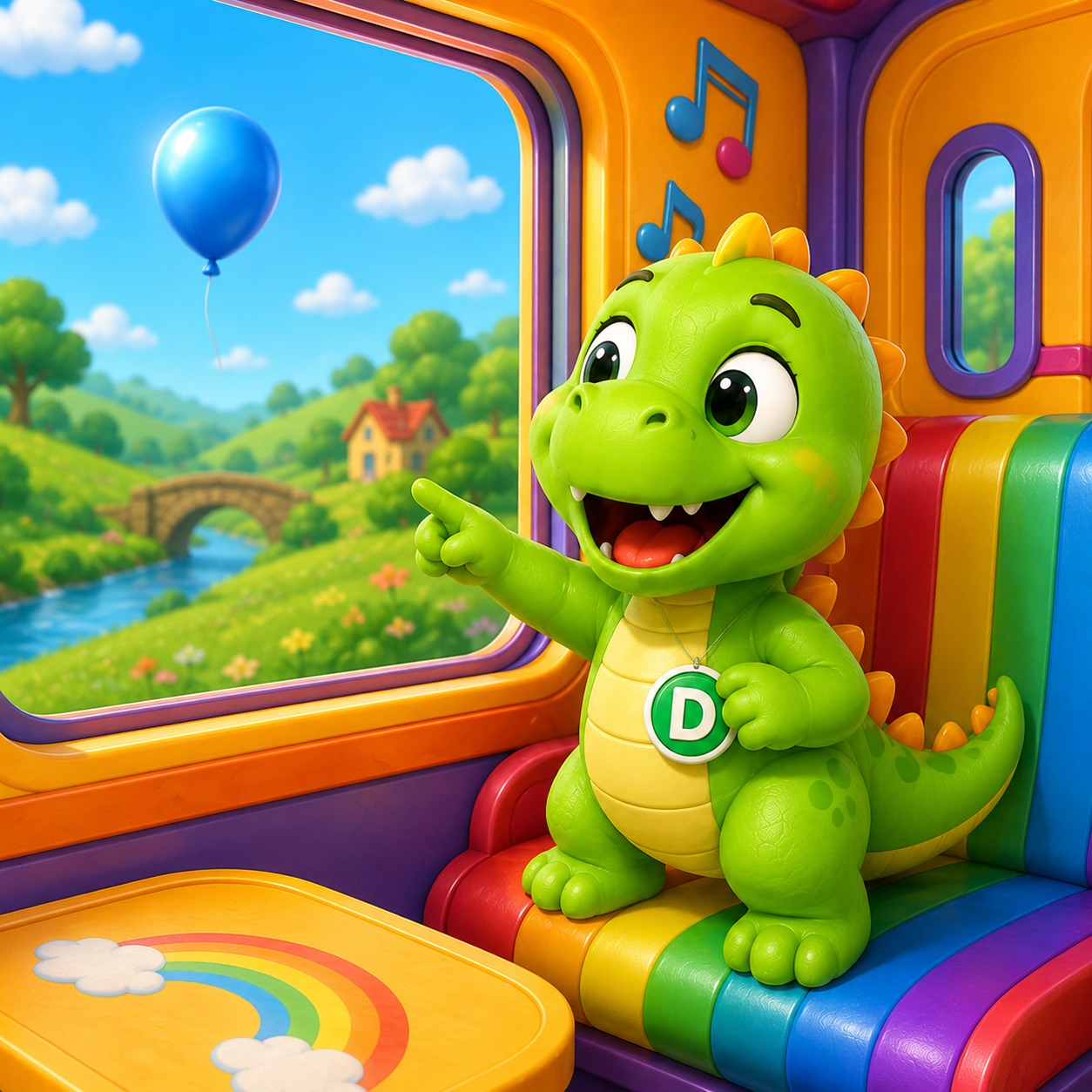 Dahdah pointing out of the train window at a blue balloon over green hills