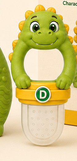 Dahdah fruit feeder concept with a Dahdah-shaped handle and a food pouch.