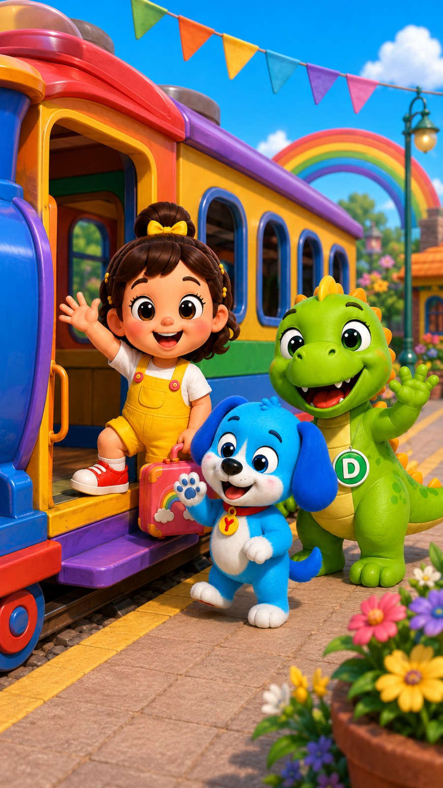 Susu stepping off the rainbow train with Yuyu and Dahdah waving on the platform